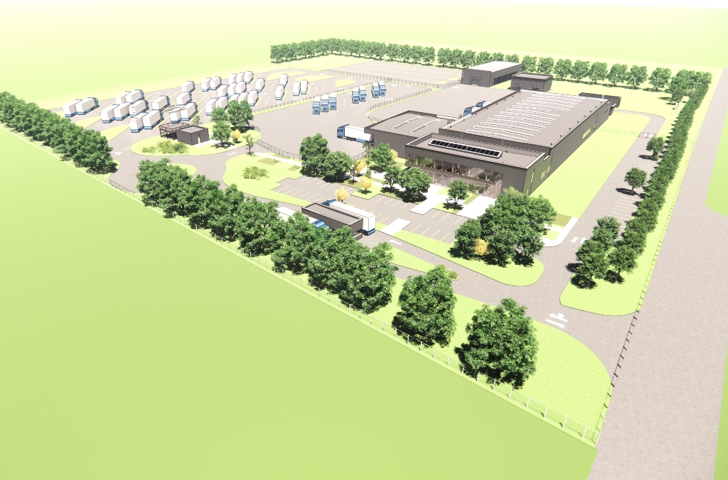 Wizualizacja budynku OC w Przemyślu. Duzy prostokątny budynek. Obok parkingi na których stoja samochody ciężarowe
