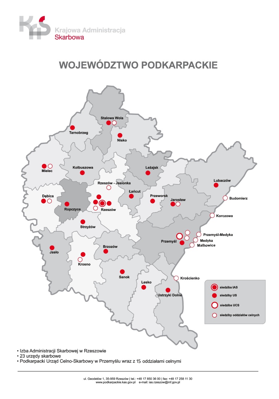 Mapa województwa podkarpackiego ze wskazaniem jednostek organizacyjnych podkarpackiej KAS