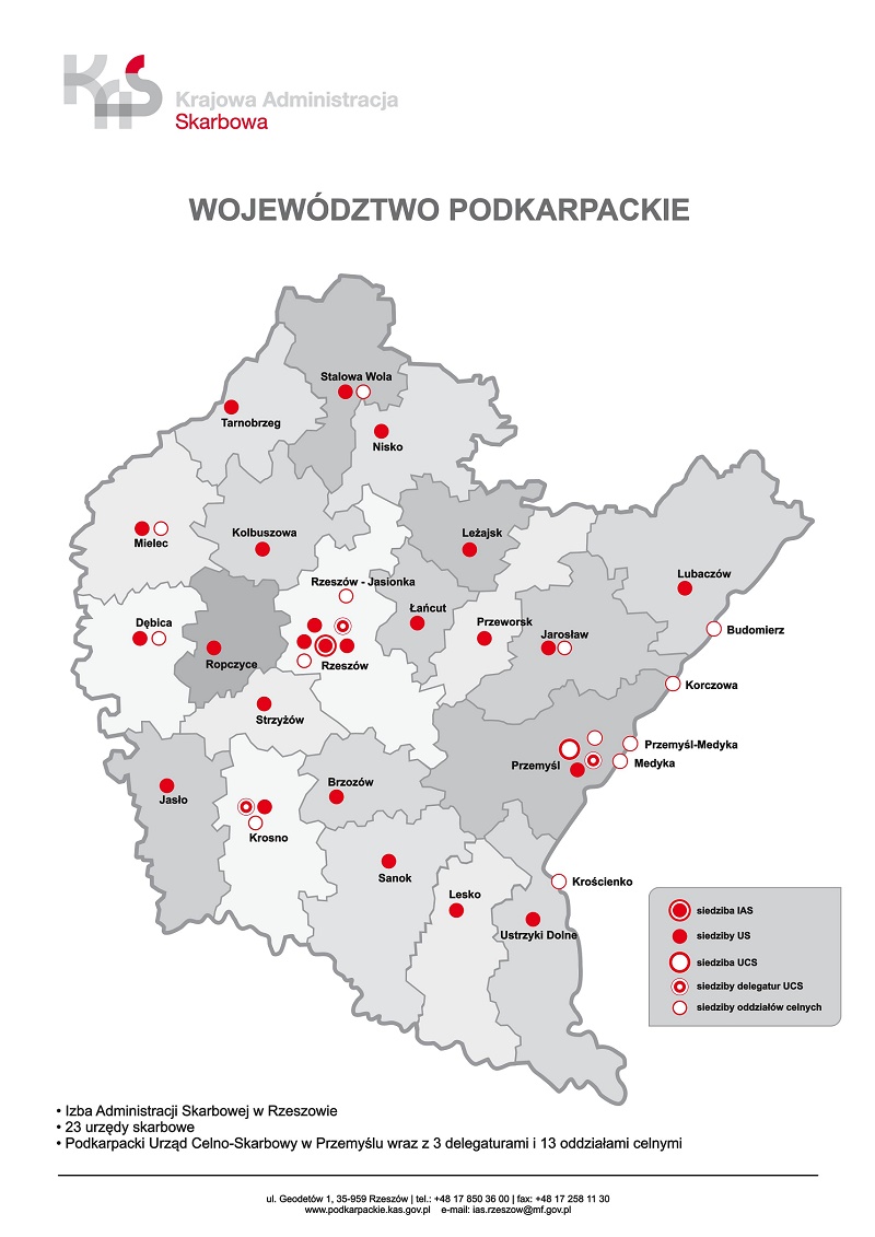 Grafika przedstawia mapę woj. podkarpackiego z zaznaczonymi z zaznaczonymi lokalizacjami poszczególnych jednostek KAS w woj. podkarpackim