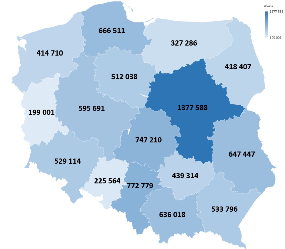 Mapa polski na które liczbowo przedstawiono liczbę umówionych wizyt