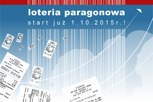 Grafika prezentująca logo loterii paragonowej, na której widać równiez napis loteria paragonowa start już 1.10.2015 r.