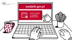 grafika: dłonie na klawiaturze laptopa, napis: podatki.gov.pl, umów wizytę w urzędzie skarbowym