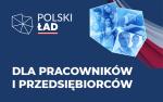 Napis Polski Ład dla pracowników i przedsiębiorców, kontur Polski na tle flagi biało czerwonej