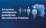 Plansza z napisem "Korzystne rozwiązania podatkowe dla milionów Polaków", ikony osób, w tle kontur polski