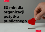 50 mln dla organizacji pożytku publicznego, fragment dłoni wrzucającej serce do wąskiego otworu