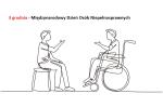 Grafika, dwie osoby siedzące na przeciwko siebie, jedna na taborecie a druga na wózku inwalidzkim, napis: 3 grudnia - Międzynarodowy Dzień Osób Niepełnosprawnych