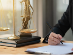 Na grafice ręka pracownika kancelarii notarialnej trzymająca długopis i podpisująca dokument leżący na biurku. W tle złota figurka temidy i wagi.
